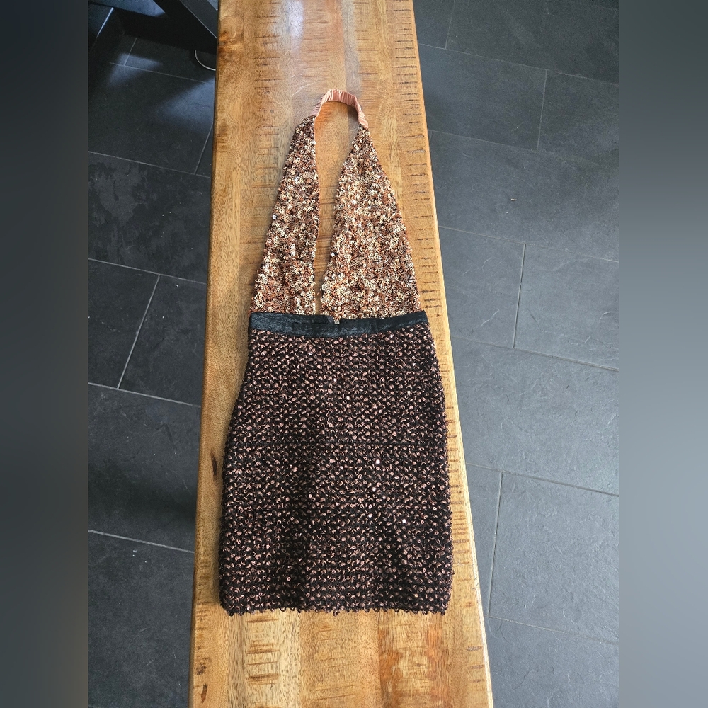 Sequin Halter Top And Skirt in Bronze and Black